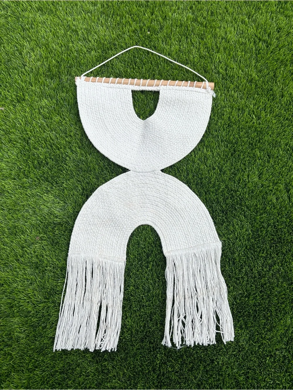Handwoven White Macrame Wall Hanging with Fringe 34”